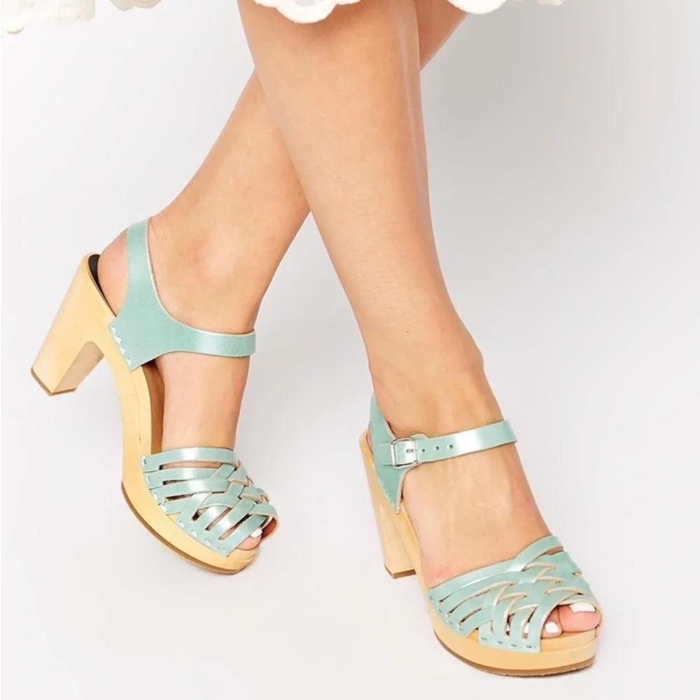 Swedish Hasbeens Mint Green Leather Platform Sandals