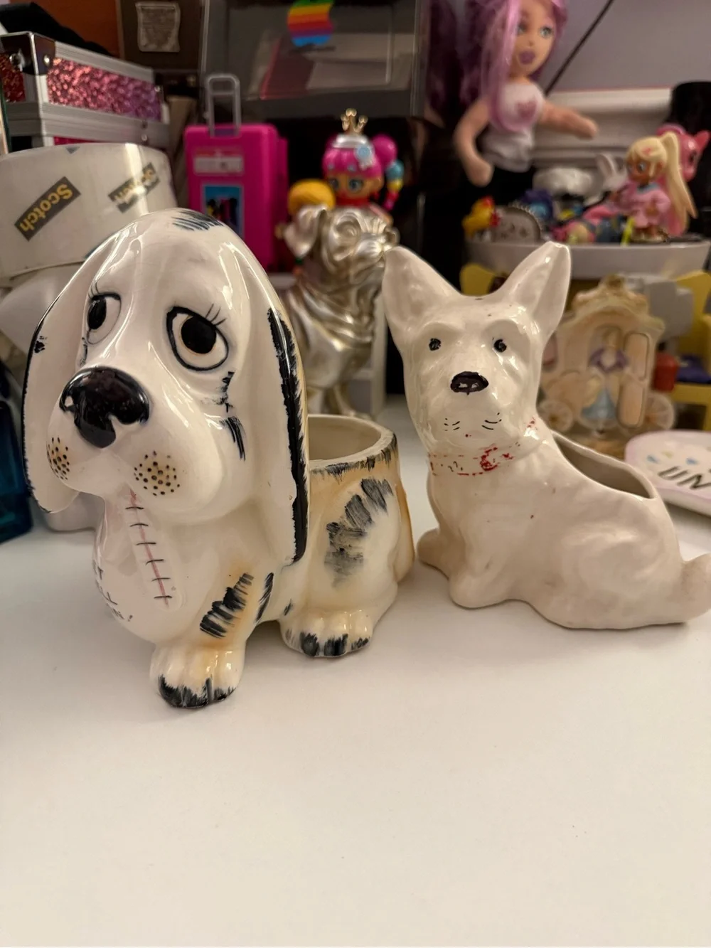 Vintage Mid-Century Ceramic White Dog Planters - Set of 2