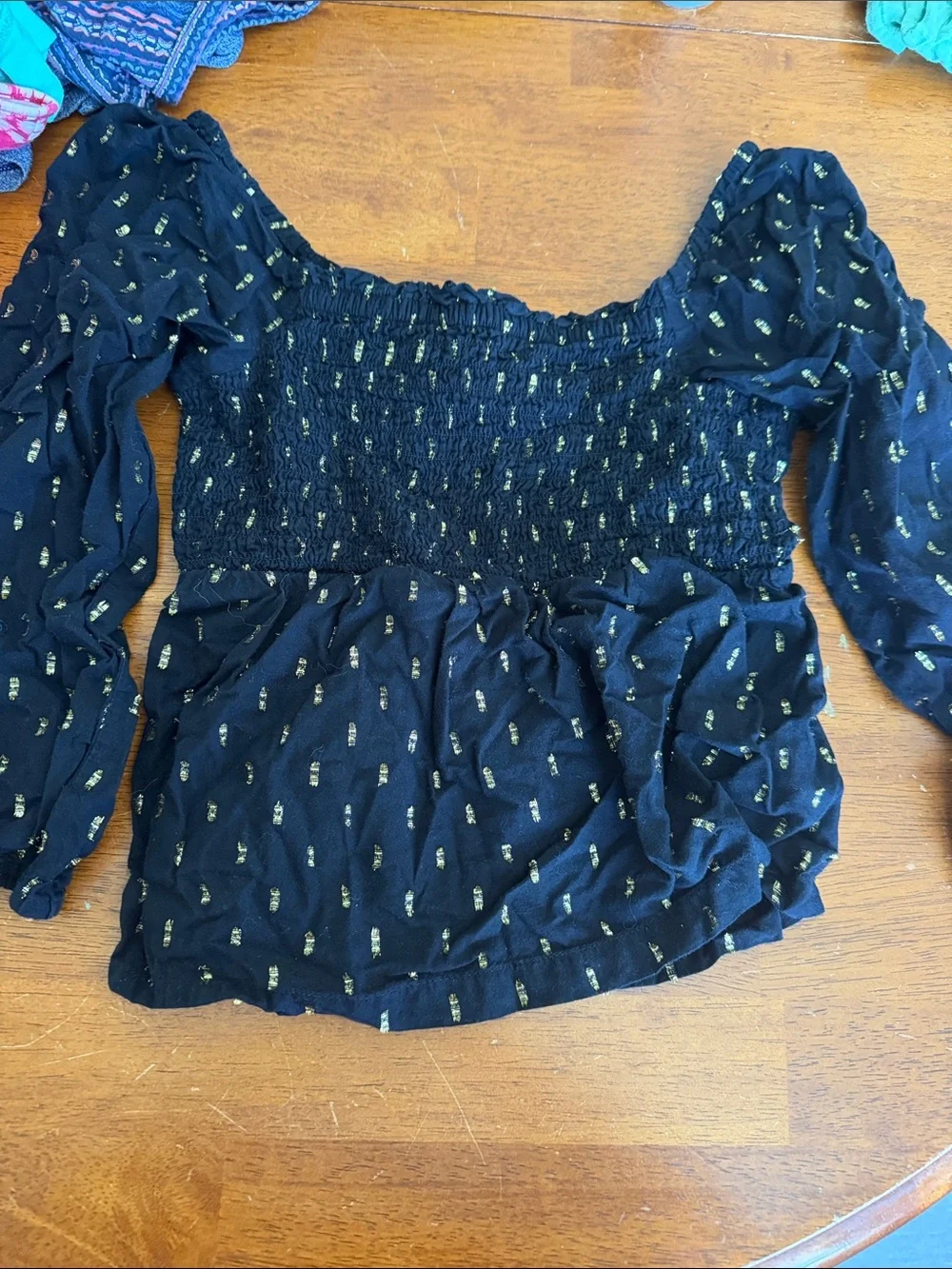 Old Navy Black Smocked Blouse with Gold Foil Dot Accents