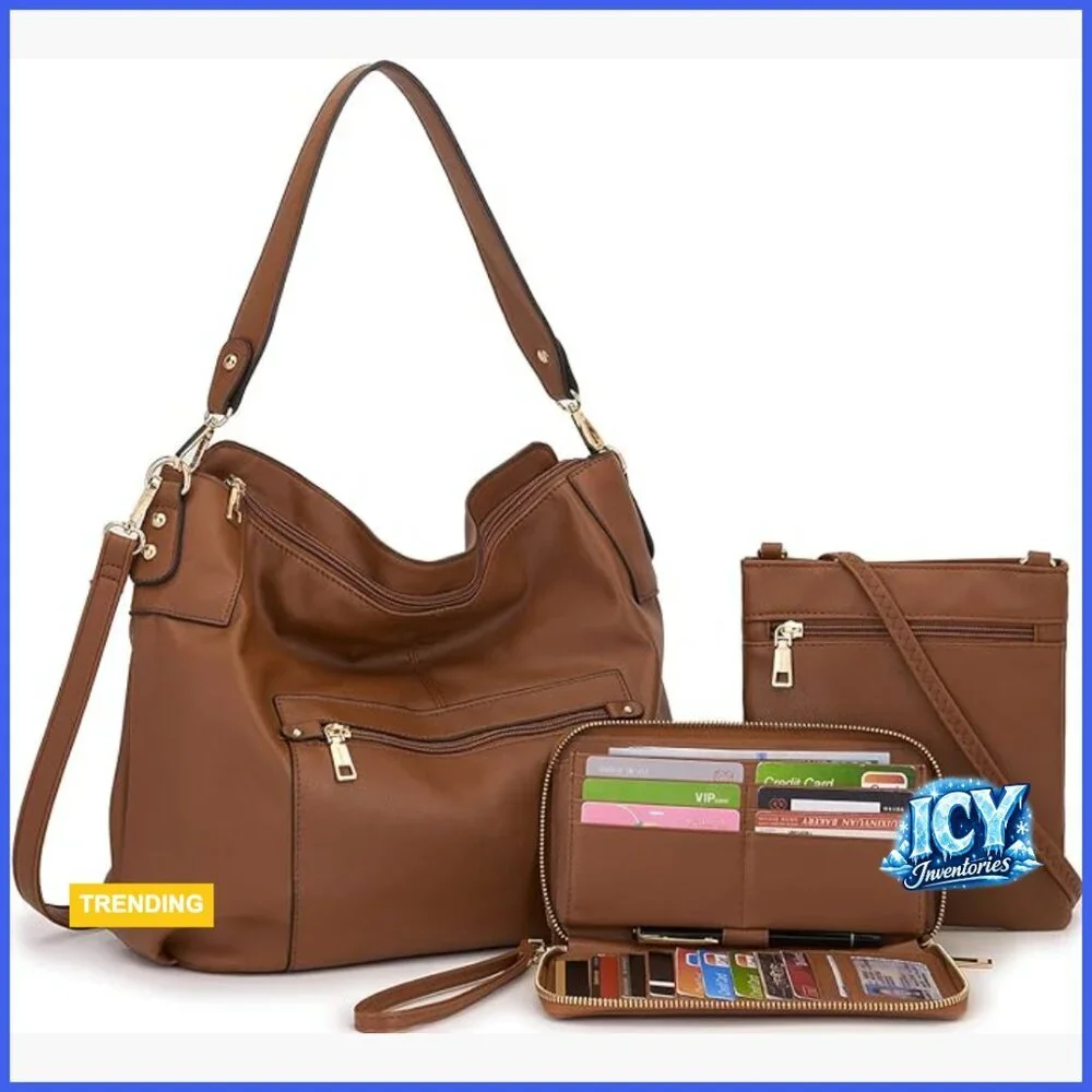Large Hobo Crossbody Bag Set with Wallet, Synthetic Leather