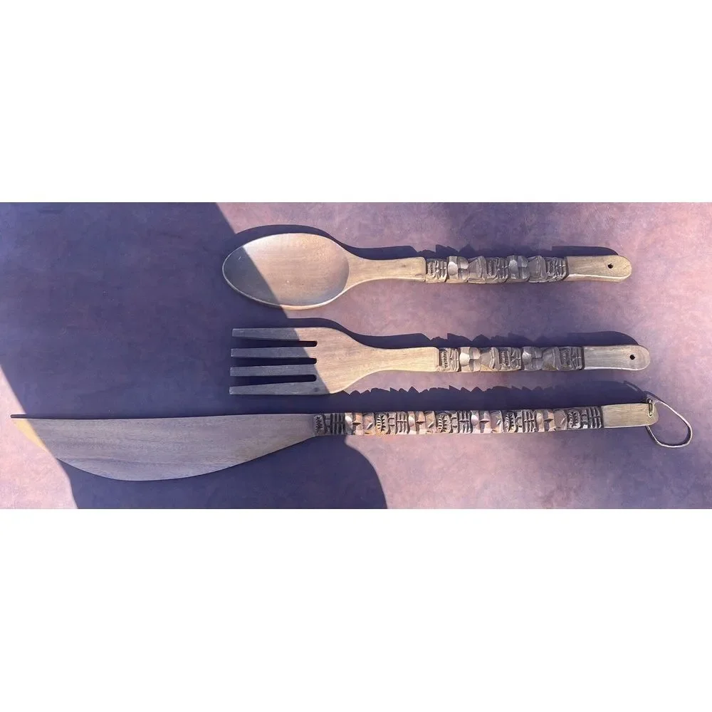 Vintage DeVille XL Hand Carved Wood Tiki Fork Spoon Knife Wall‎ Decor