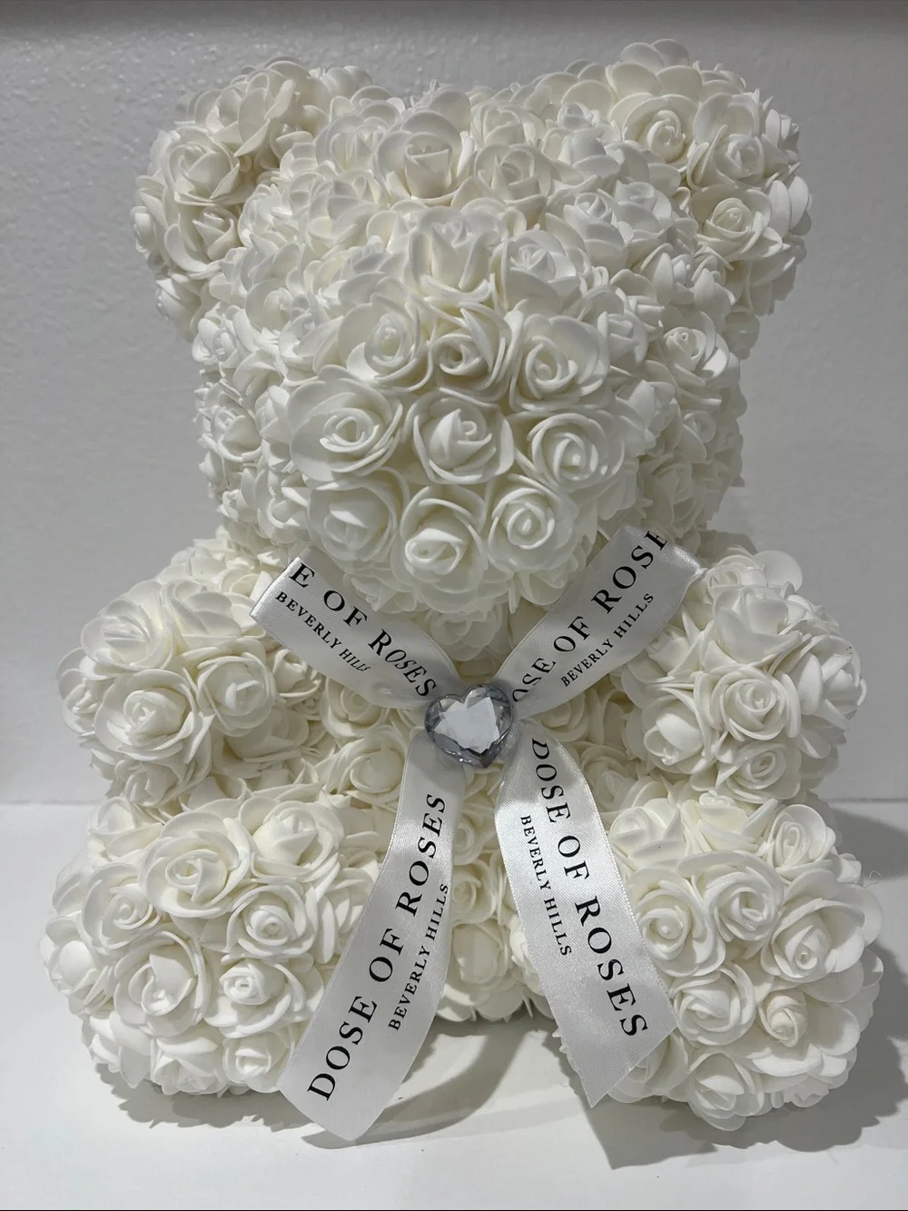 White Faux Rose Teddy Bear Accent