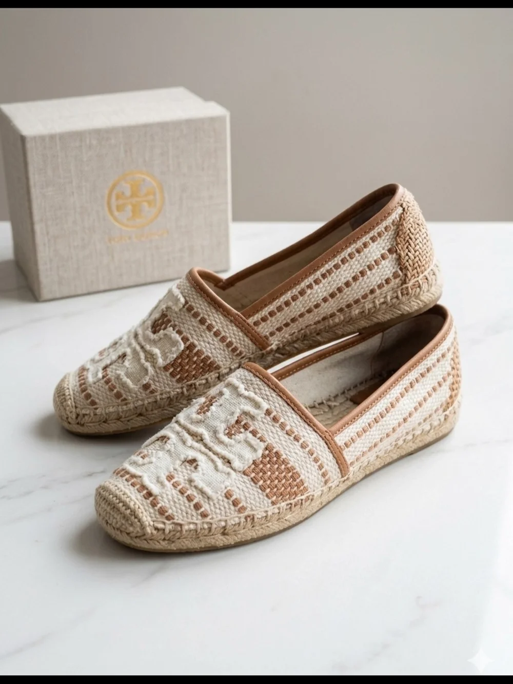 Tory Burch Cream and Tan Crochet Espadrille Flats