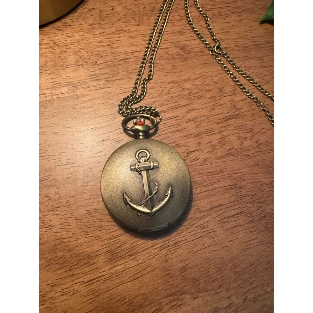 Nautical Anchor Pocket Watch Bronze Tone Quartz Maritime