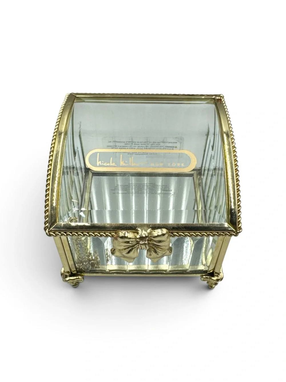 Nicole Miller New York Glass Gold Bow Jewelry Casket Trinket Box Coquette