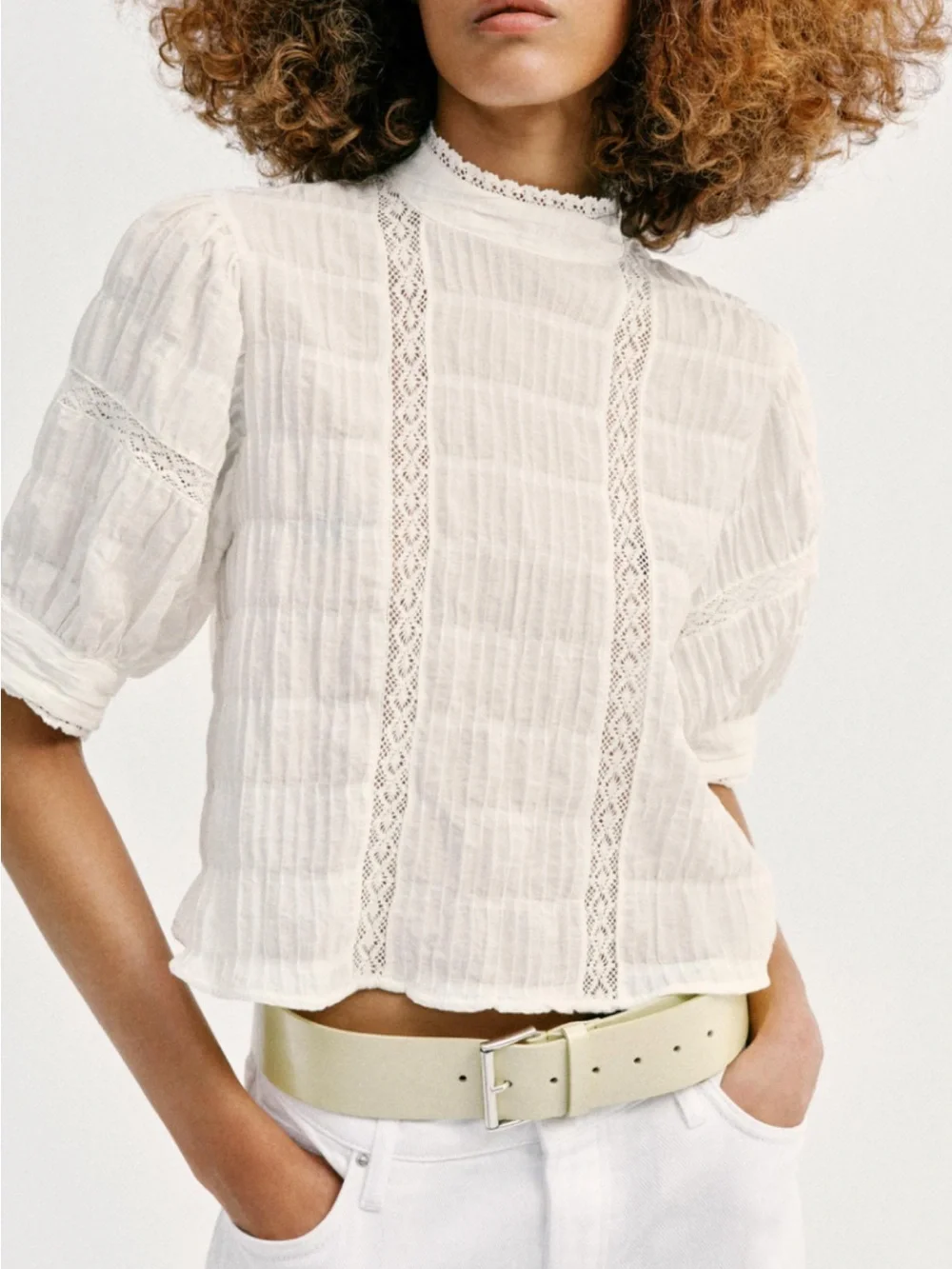 Zara Cream Lace-Panel Puff Sleeve Blouse