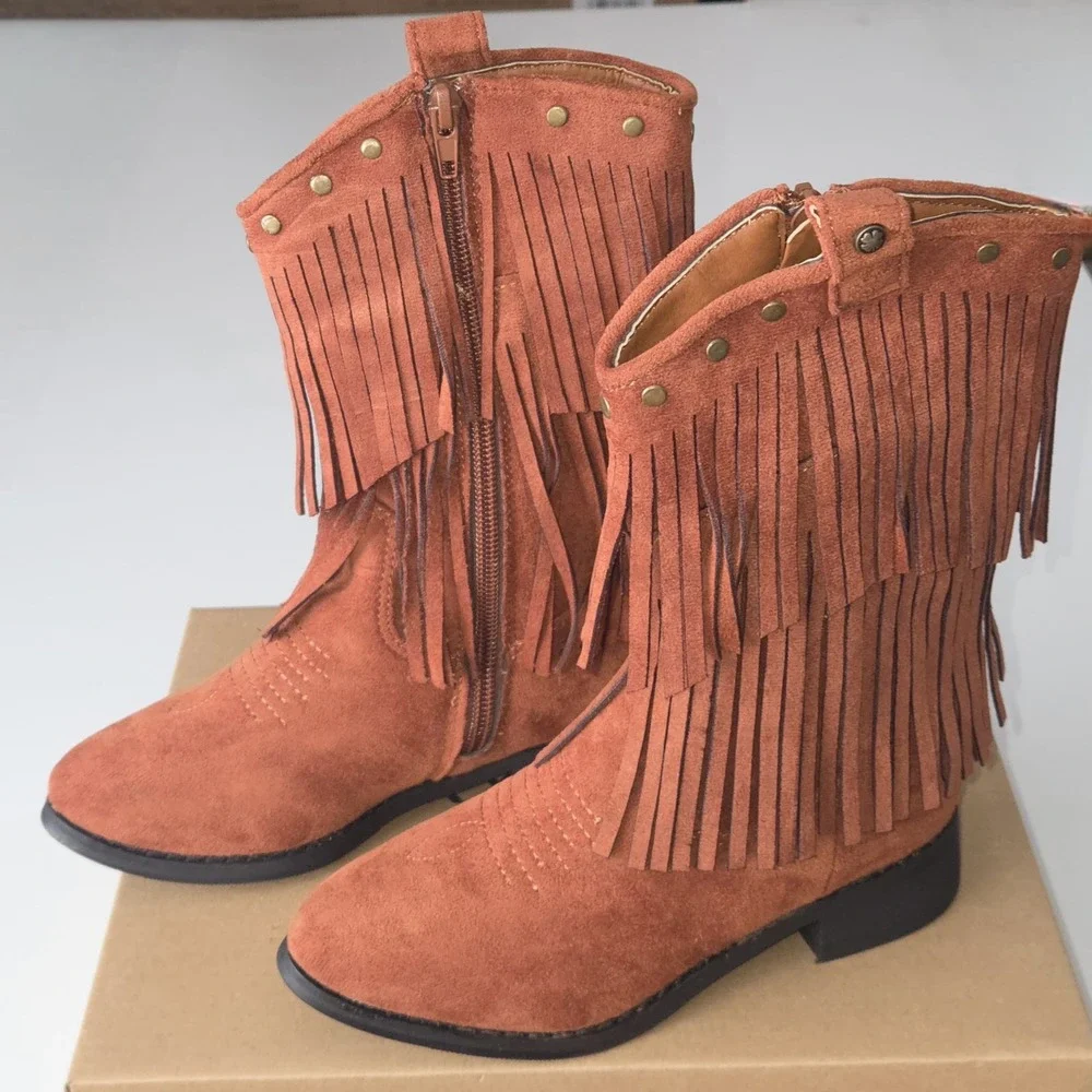 Lucky Brand Kids Cognac Brown Suede Fringe Cowgirl Western Boots Studded Zip 2