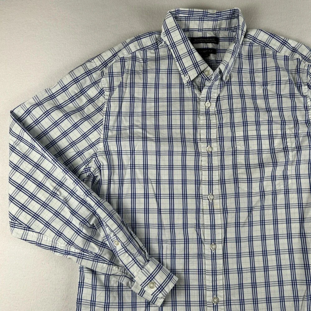 Banana Republic Shirt Mens Large Grant Fit Check Long Sleeve Button Down Oxford