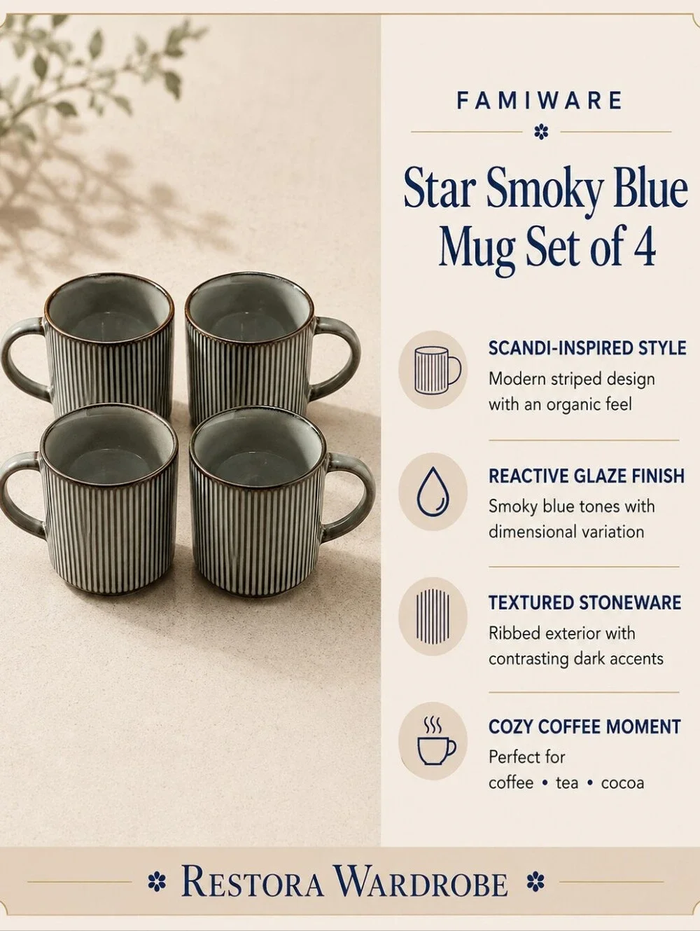 Famiware Star Scandi Smoky Blue Striped Reactive Glaze Coffee Mugs Set of 4
