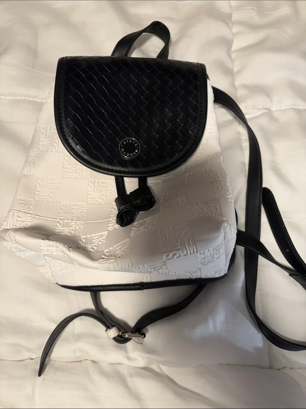 Black & White Steve Madden Woven-Flap Mini Backpack