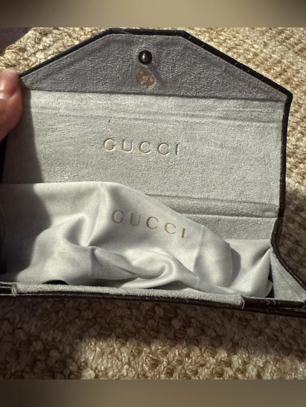 Gucci Light Gray Suede Glasses Case Brown with Gold Logo