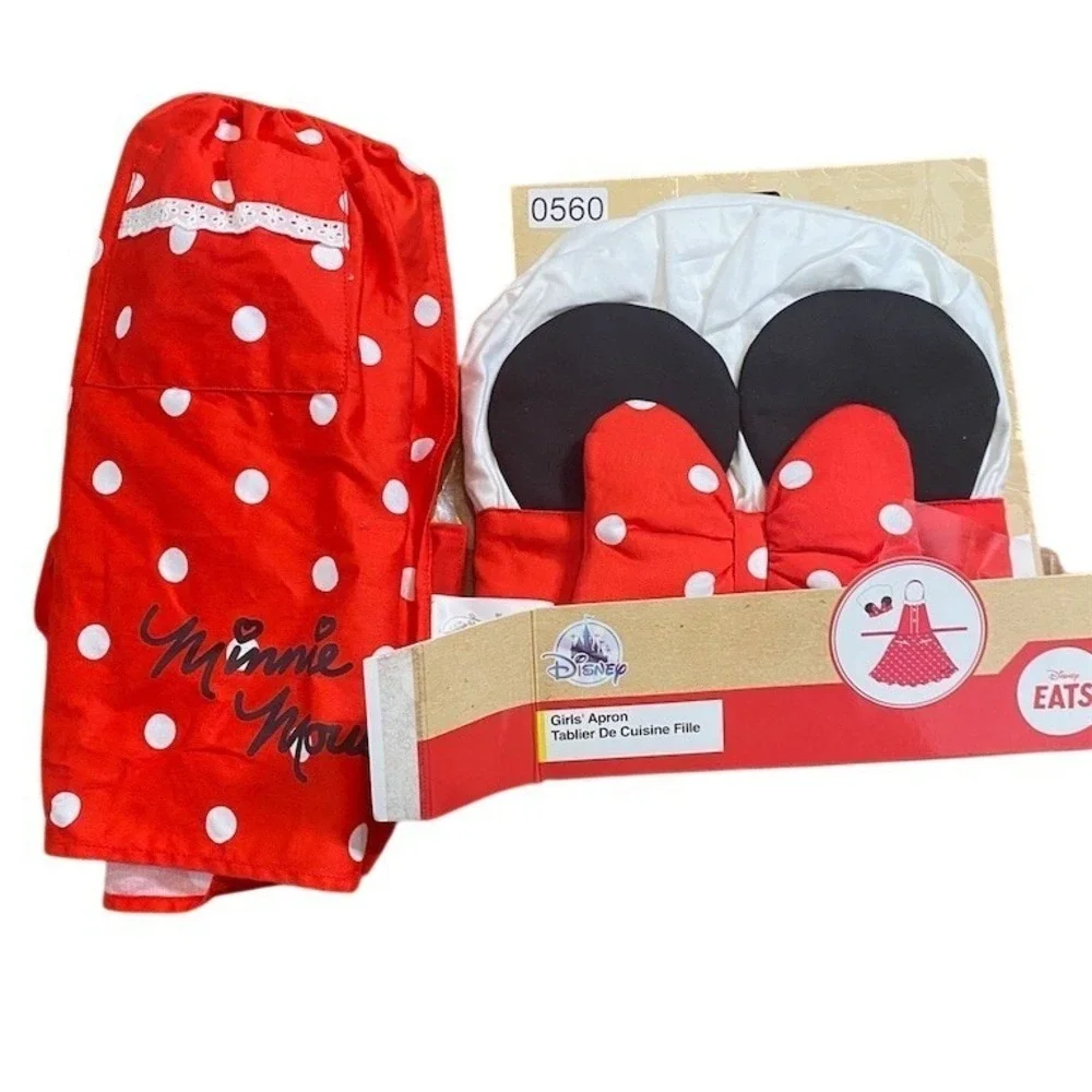 Disney Eats Minnie Mouse Girls Apron & Chef Hat Set Red White Polka‎ Dots