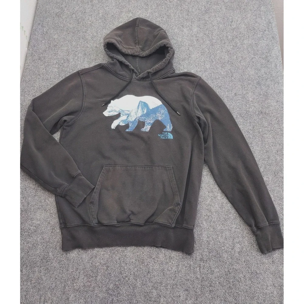 The North Face Hoodie Mens Medium Black‎ Bear Graphic Pullover Fleece Sweatshirt