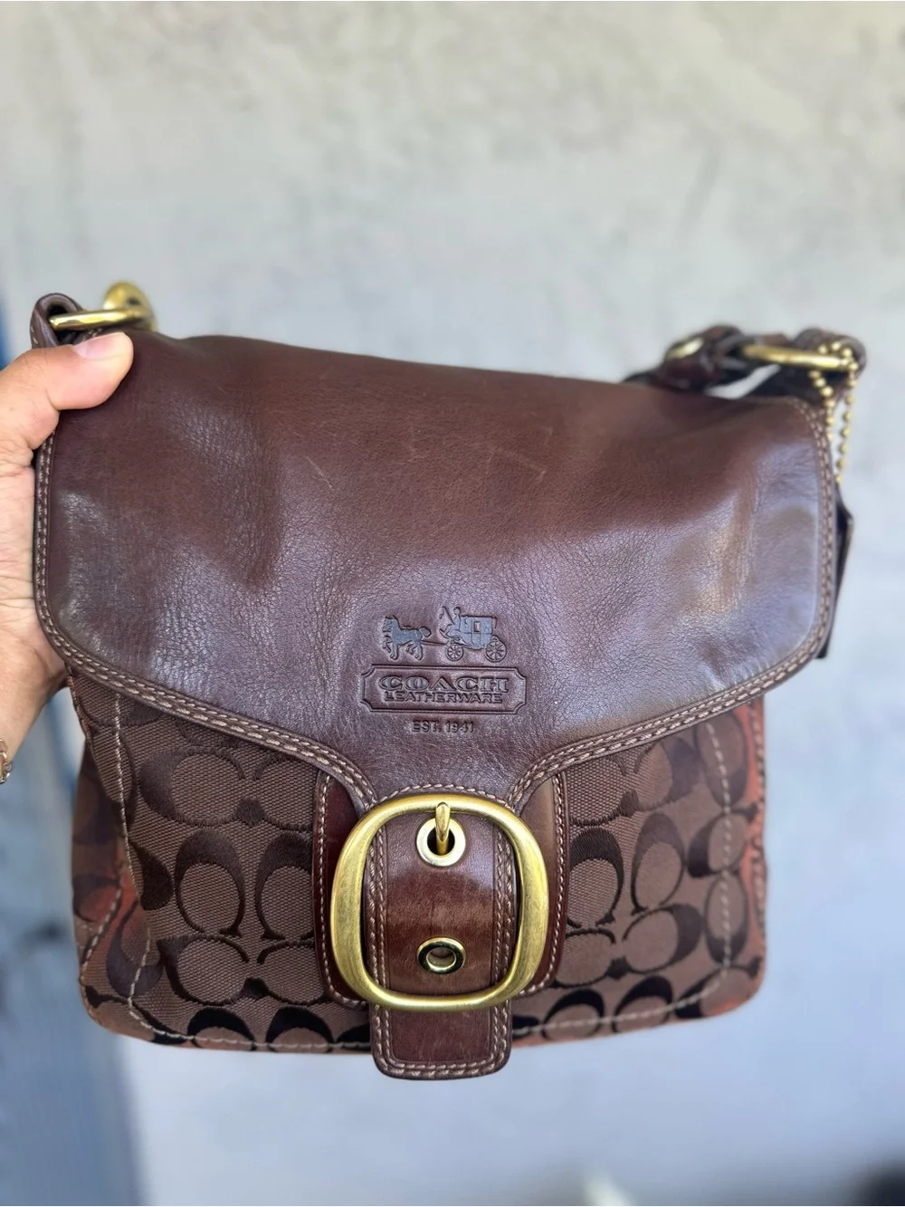 Coach Brown and Tan Signature Messenger Bag with Brass Buckle