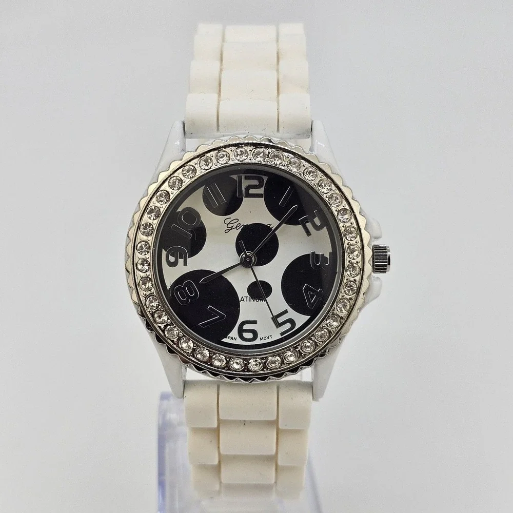 38MM Women‎ Watch White Black Dial Crystal Bezel White Plastic Bands New Battery