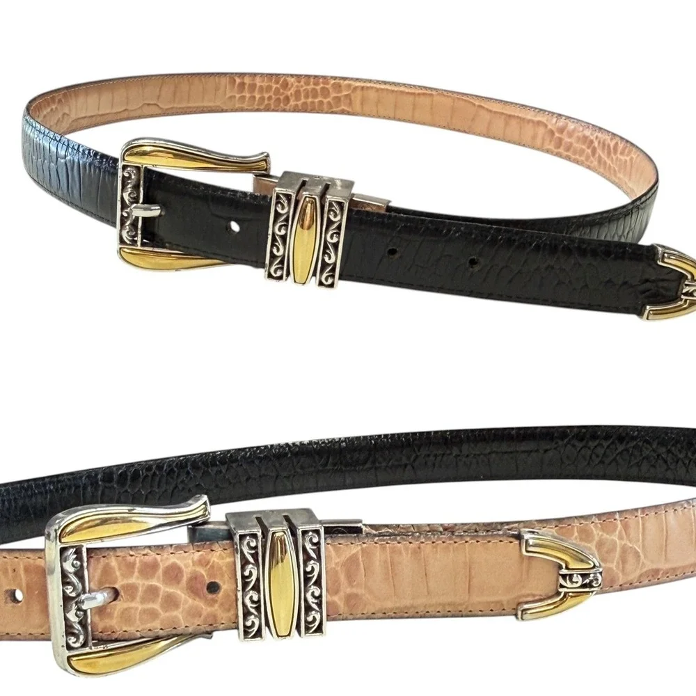 Brighton Womens Reversible Black Tan Belt Embossed Leather Silver Gold Buckle XL