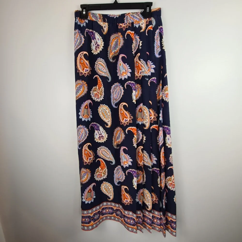 Tory Burch Etno Paisley Printed 100% Silk Pleated Maxi Skirt Medium (8-10*) Navy