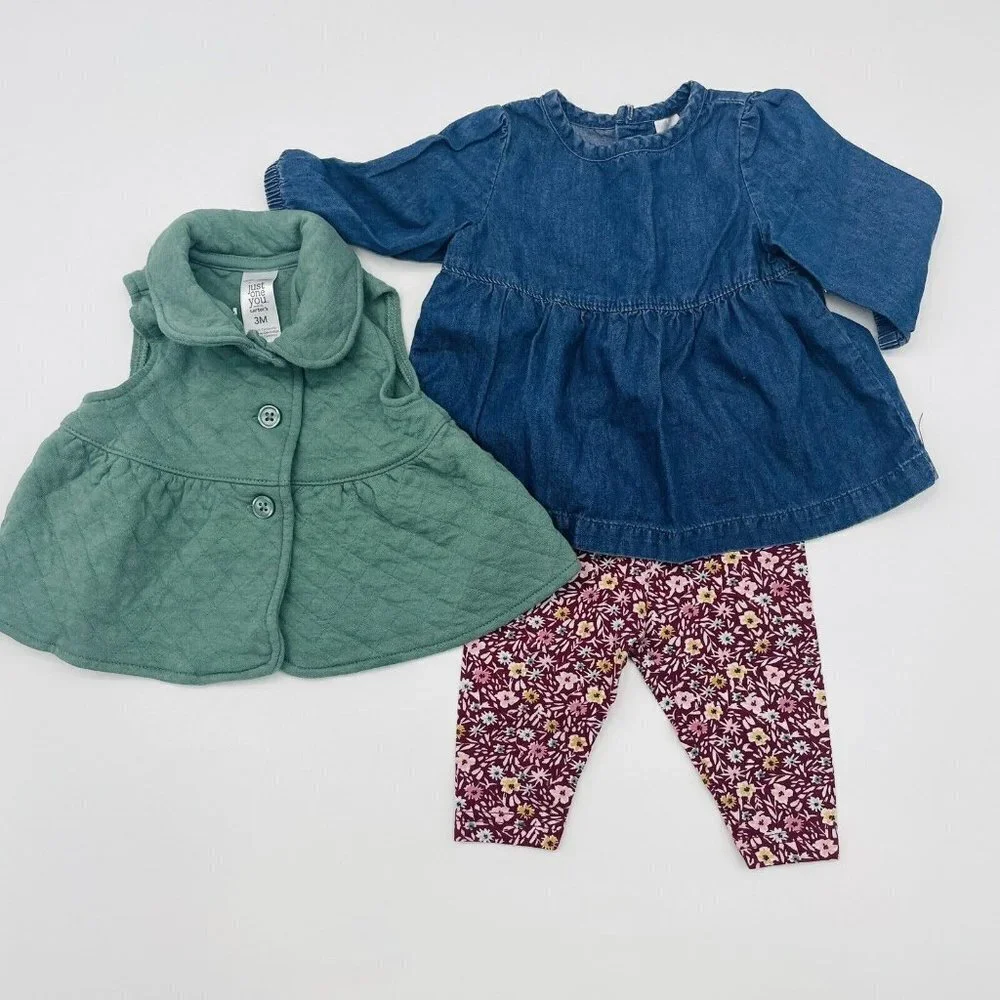 Carters Just One You Baby Girls 3 Months 3‎ Piece Pant Set with Vest Floral 1814