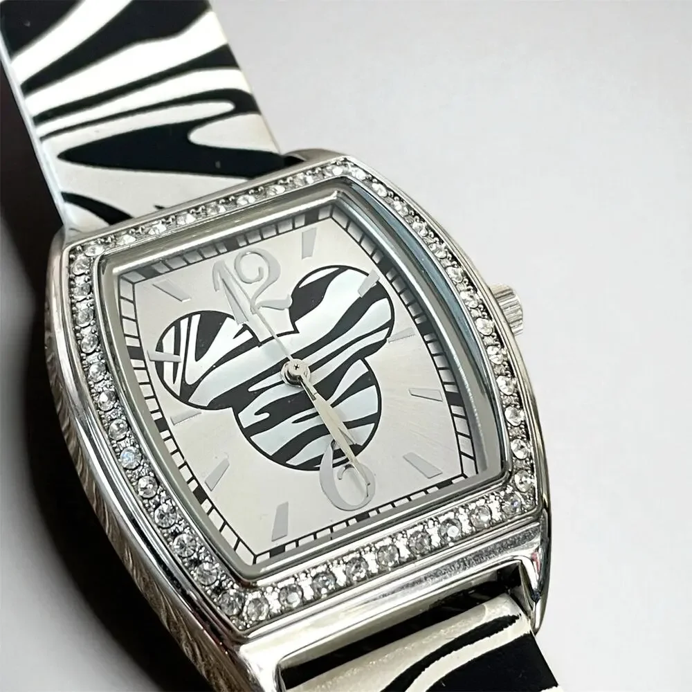 Mickey Mouse Disney Zebra Print Crystal‎ Analog Women’s Petite Wrist Watch 8”
