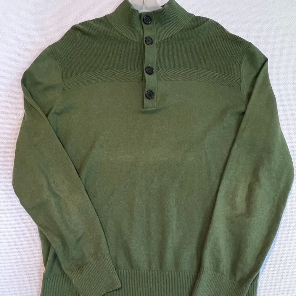Banana‎ Republic 1/4 Button Mock Neck Pullover Sweater Olive Green Knit Sz Large