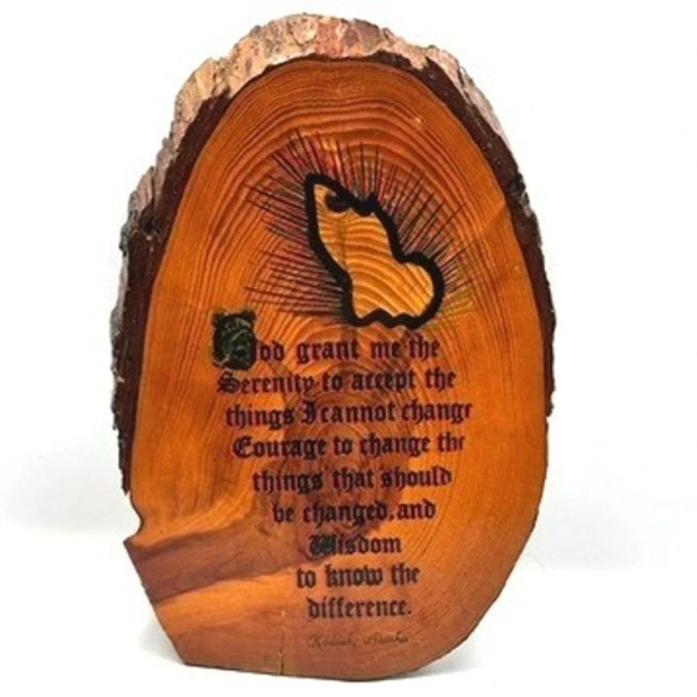 Vintage 80's Alaska Serenity Prayer Wood Slab Wall Plaque Rustic Decor Spiritual
