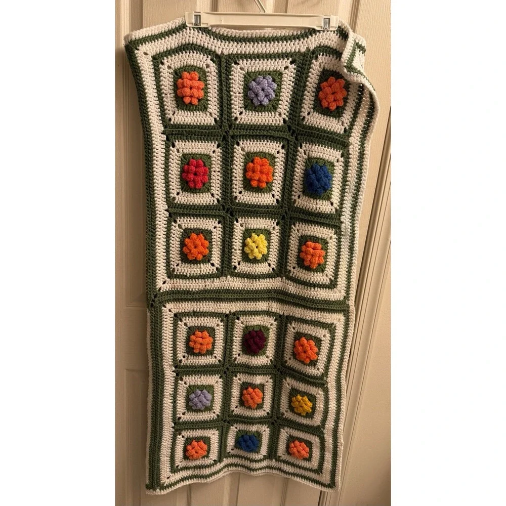 Vtg Granny Square Crochet Afghan 3d Flowers‎ Multicolor 48x48 Handmade Blanket