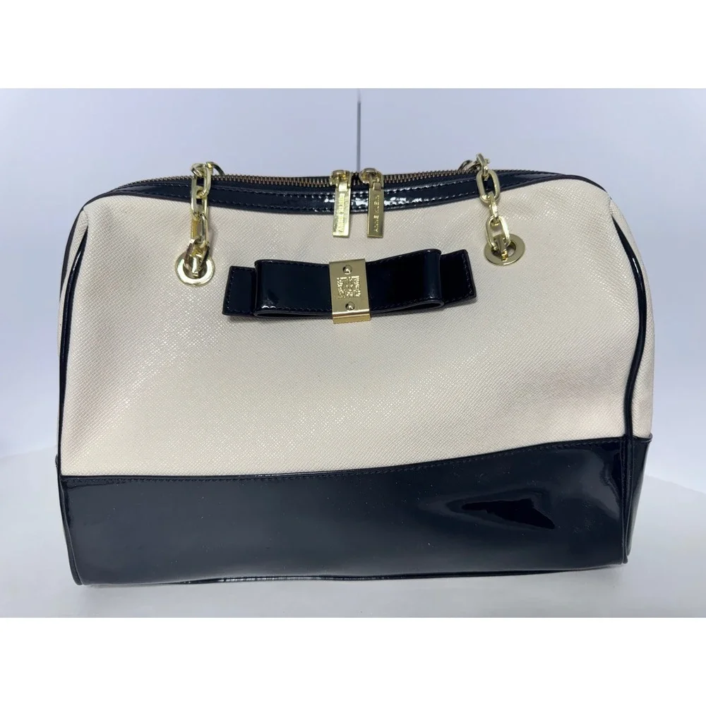 Anne Klein Satchel Bowler Bag Ivory Black Patent Bow Gold Zip Shoulder Purse