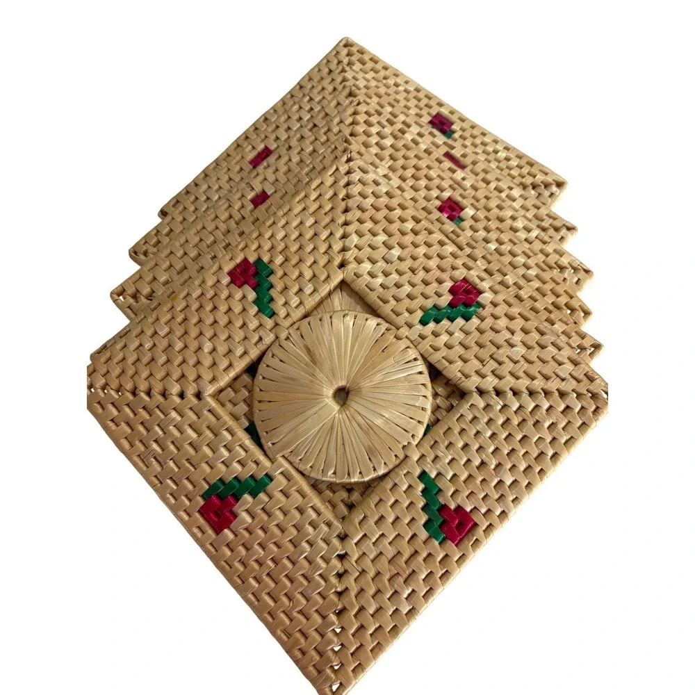 Vintage Woven‎ Raffia Straw Coasters Set of 4 Floral Embroidery Boho Cottagecore