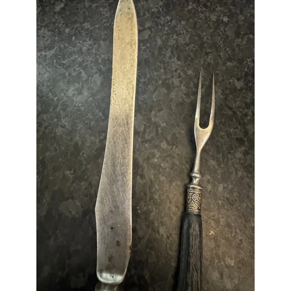 Antique Stag Handle Carving Knife & Fork Set Silver Ferrule Victorian Era