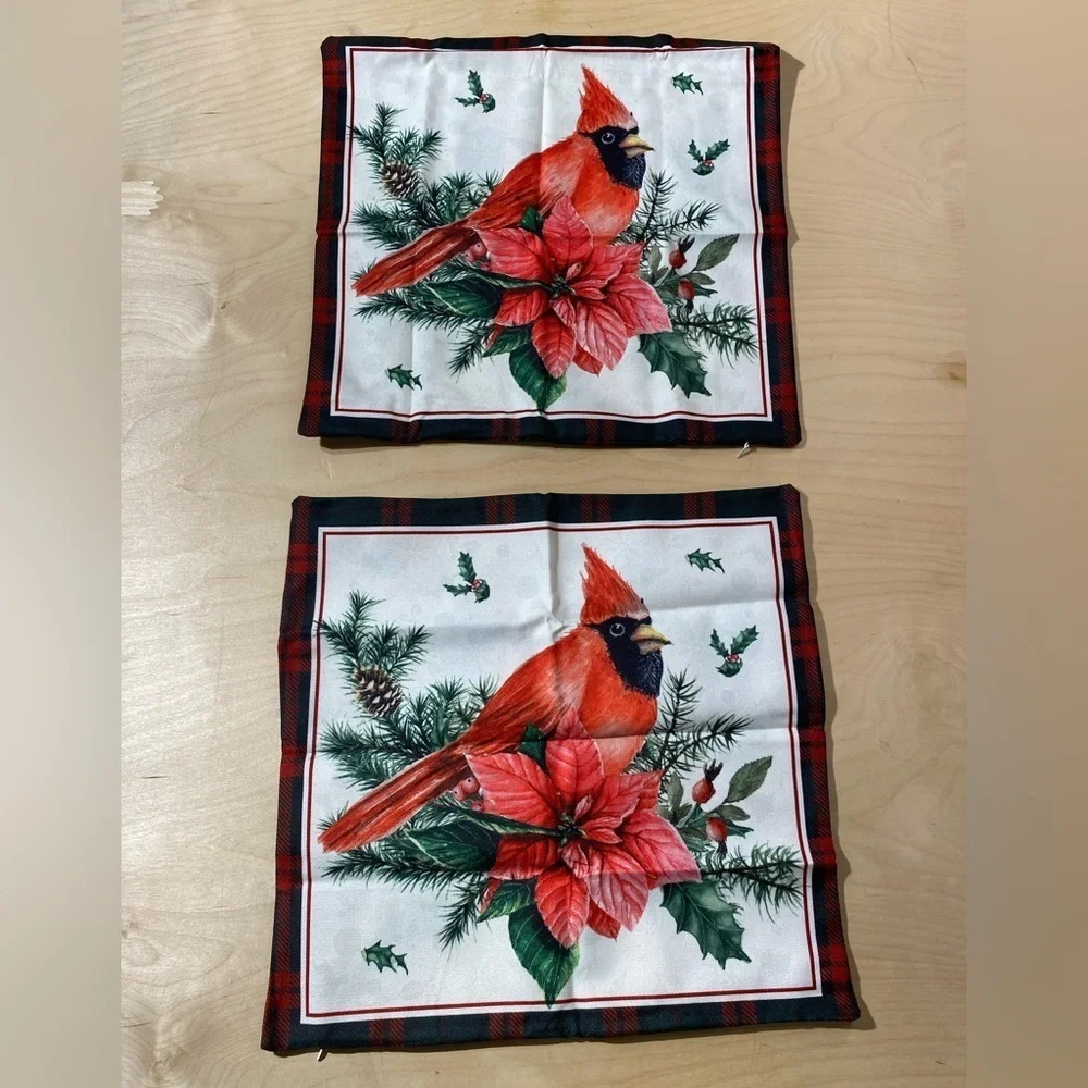 Set of 2 Festive Cardinal Holiday Pillow Covers 17” x 17” - Red and Green (MV)