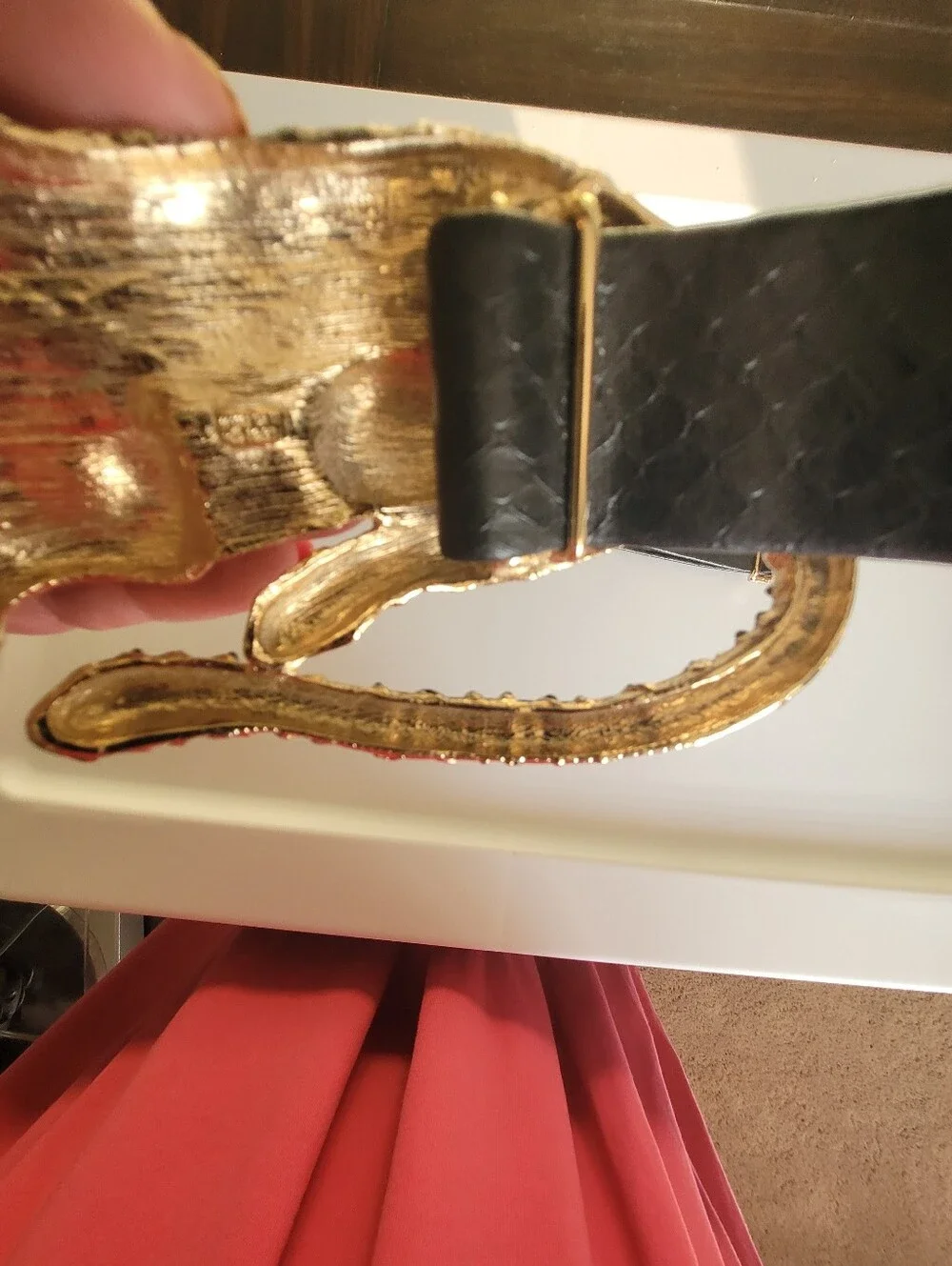 VTG Mimi Di 1987  Leopard Belt Buckle Black Gold Lux Animal  Removable Belt Leat
