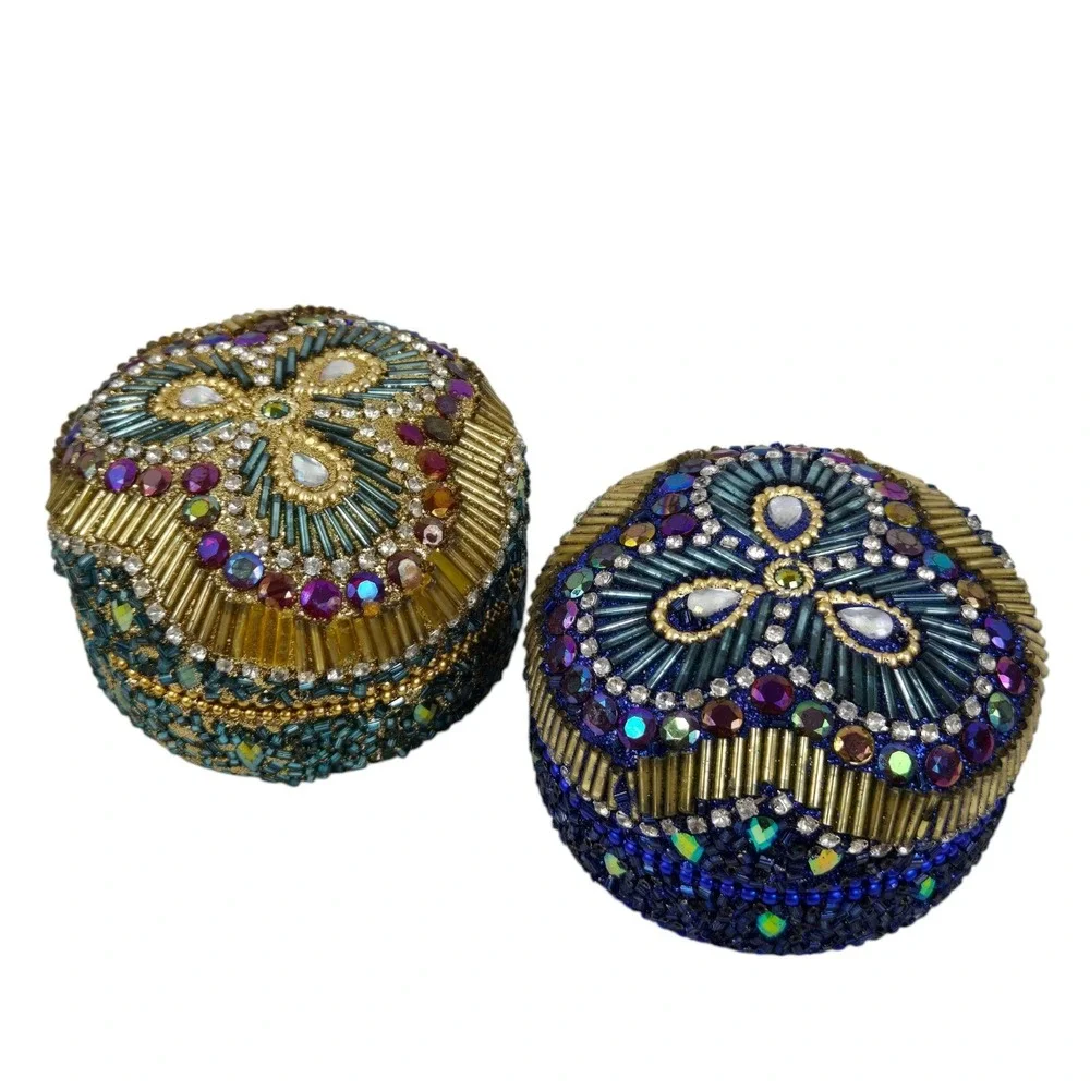 2 Vintage Beaded Bejeweled Trinket Boxes Round Domed Tins Iridescent Gold Blue
