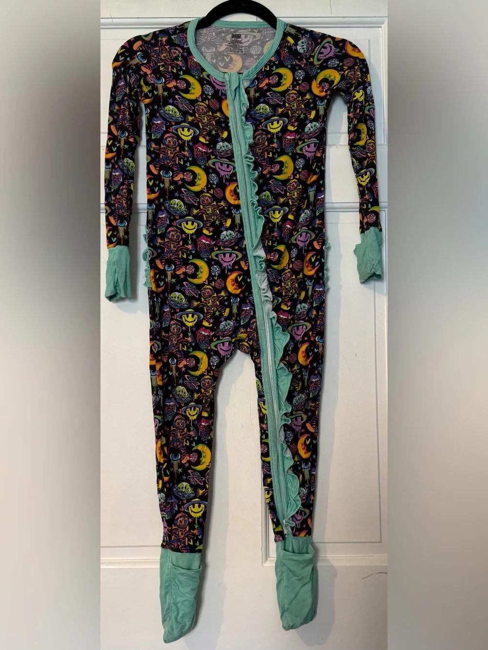 3BB Black Space Print Ruffle One-Piece Pajamas