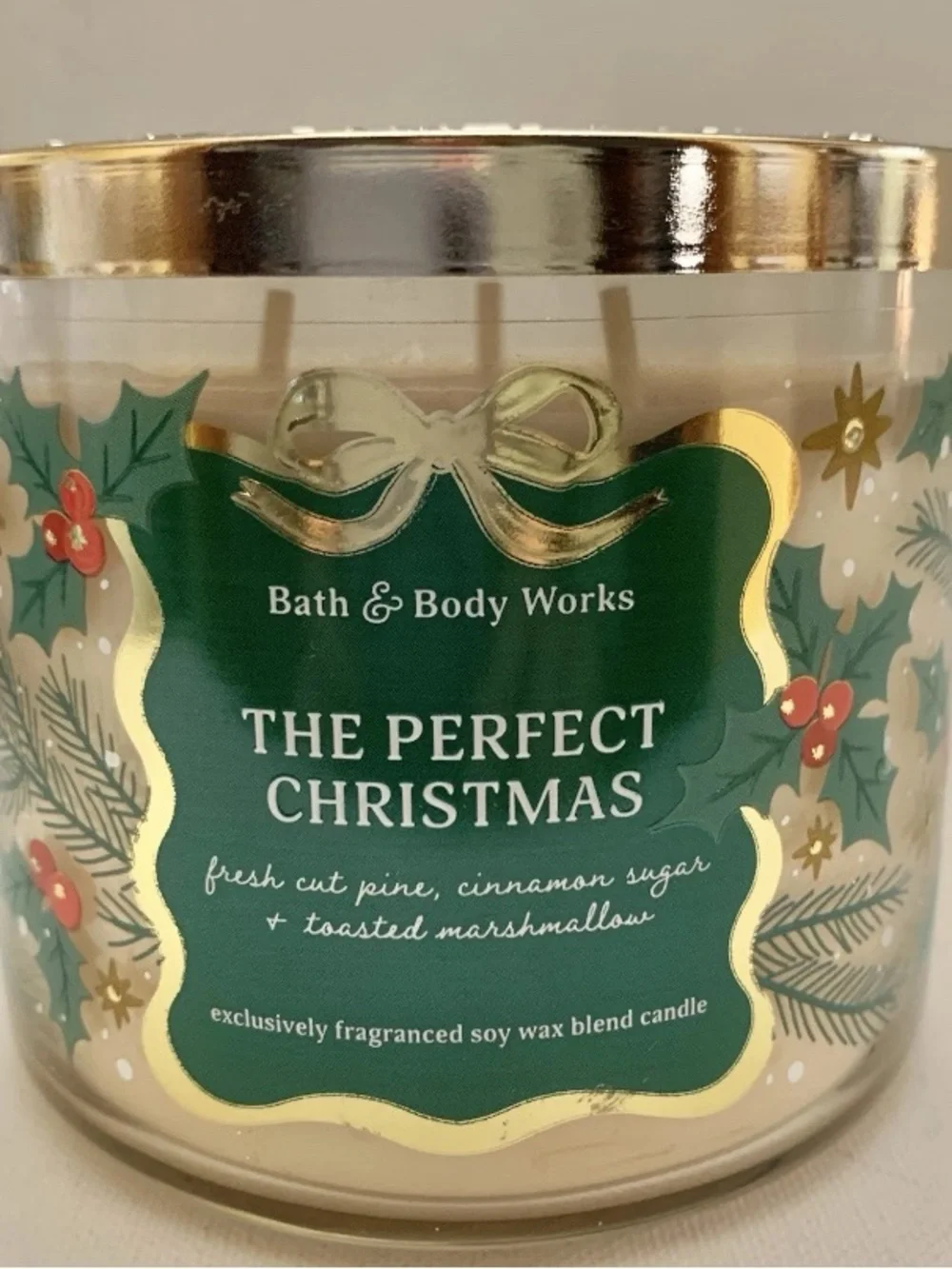 Bath & Body Works The Perfect Christmas Candle - Green & Gold 14.5 Oz New 3 Wick