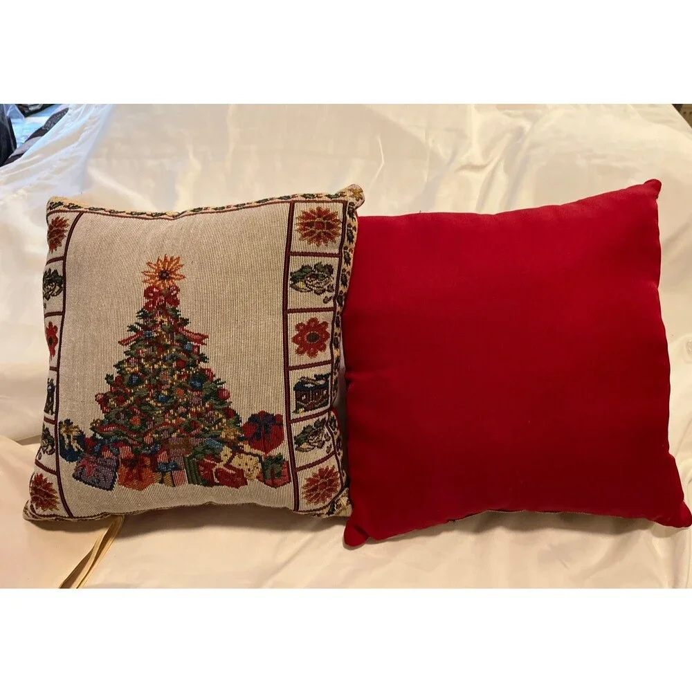 Vintage Tapestry Pillows Christmas tree with presents Square  12”x12”x4” (2)
