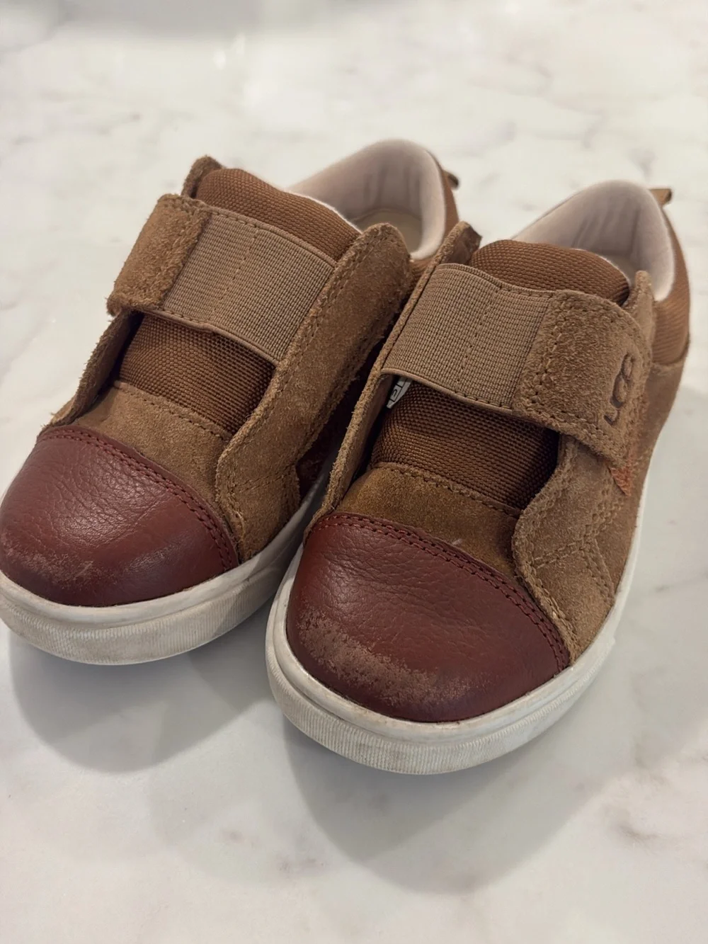 UGG Kids Two-Tone Brown Suede & Leather Velcro Sneakers