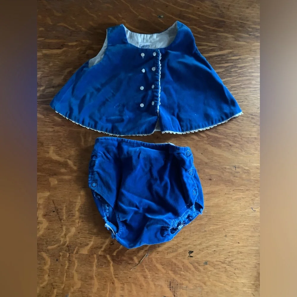 Vintage Toddle Tyke 2 Piece Blue Velvet Baby Outfit 6 Months Nostalgia Infant