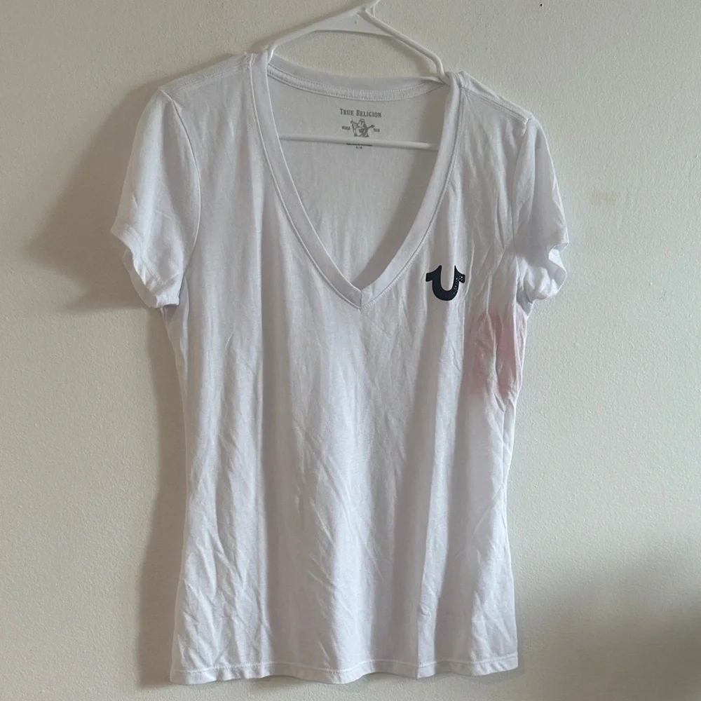 True Religion White V-Neck Tee with Logo