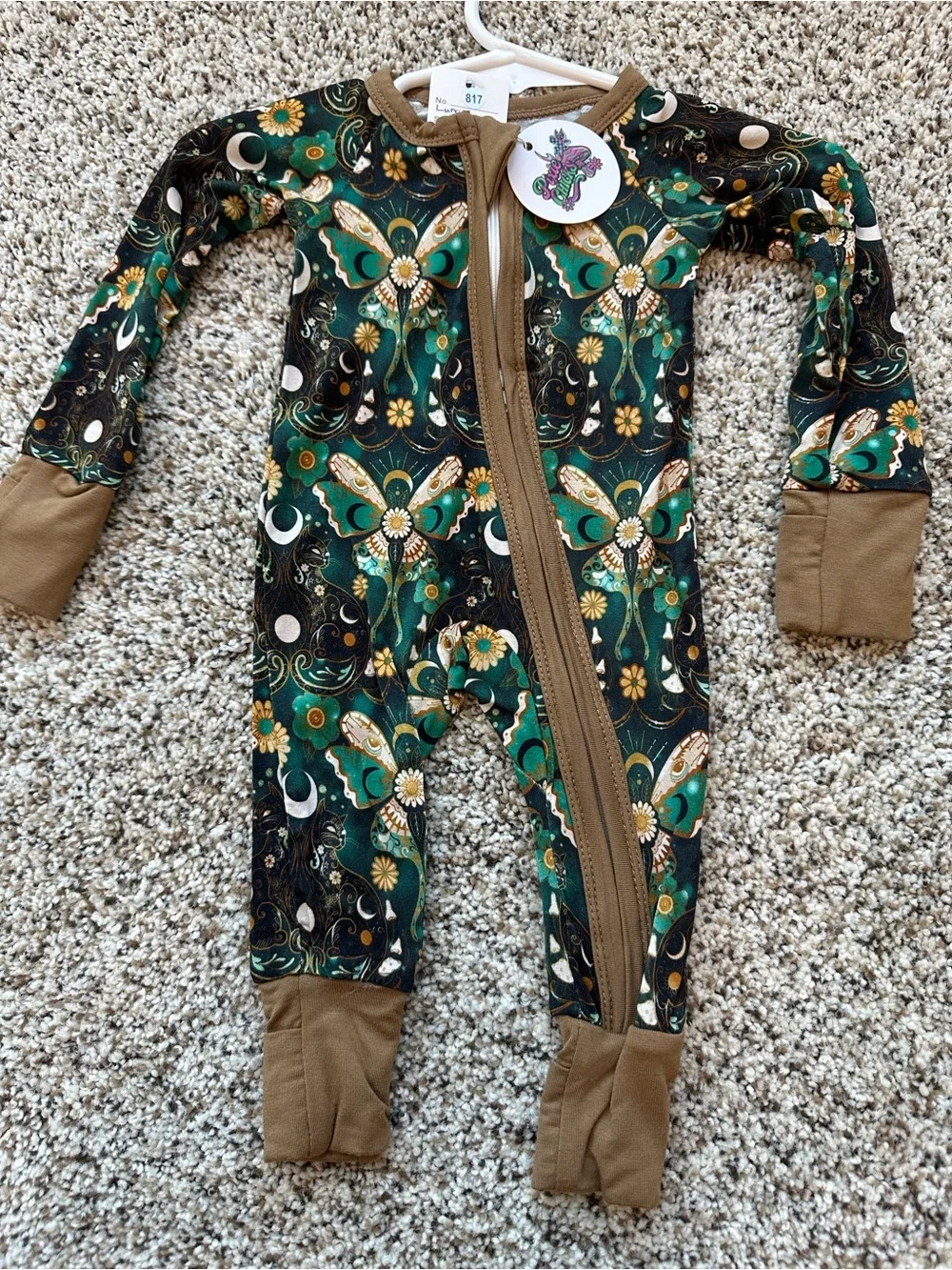 Green Floral Lunar Butterflies  Convertible Bamboo Zippy with Brown Trim