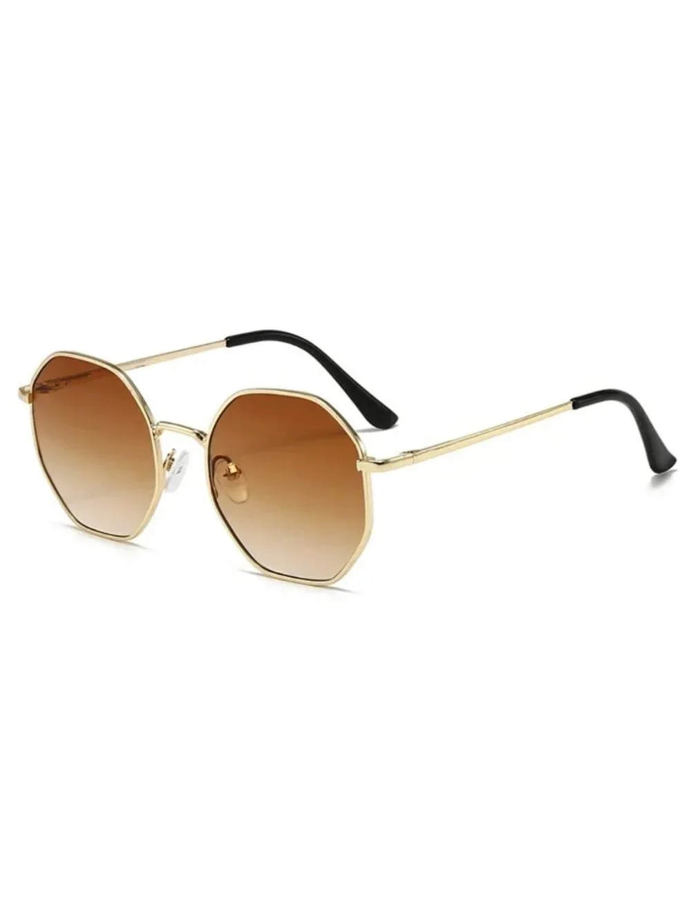 Unisex Octagonal Gold Metal Frame Gradient Brown Tea Lens Sunglasses