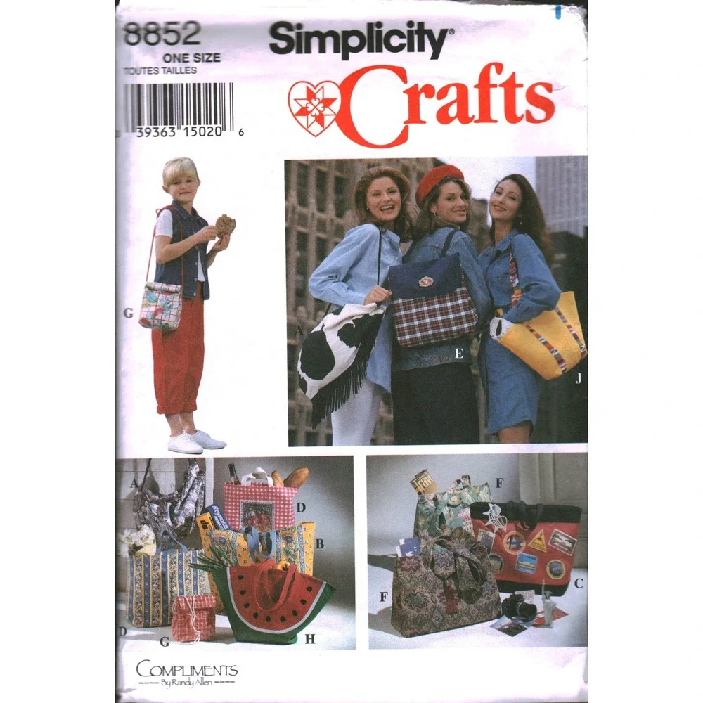 Simplicity 8852 Sewing Pattern Handbags Backpack Tote Lunch Bag Randy‎ Allen 90s
