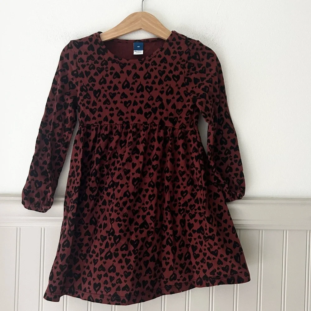 Old Navy Girls 4T Kids Cotton Dress Long Sleeve Black Maroon Heart Pattern