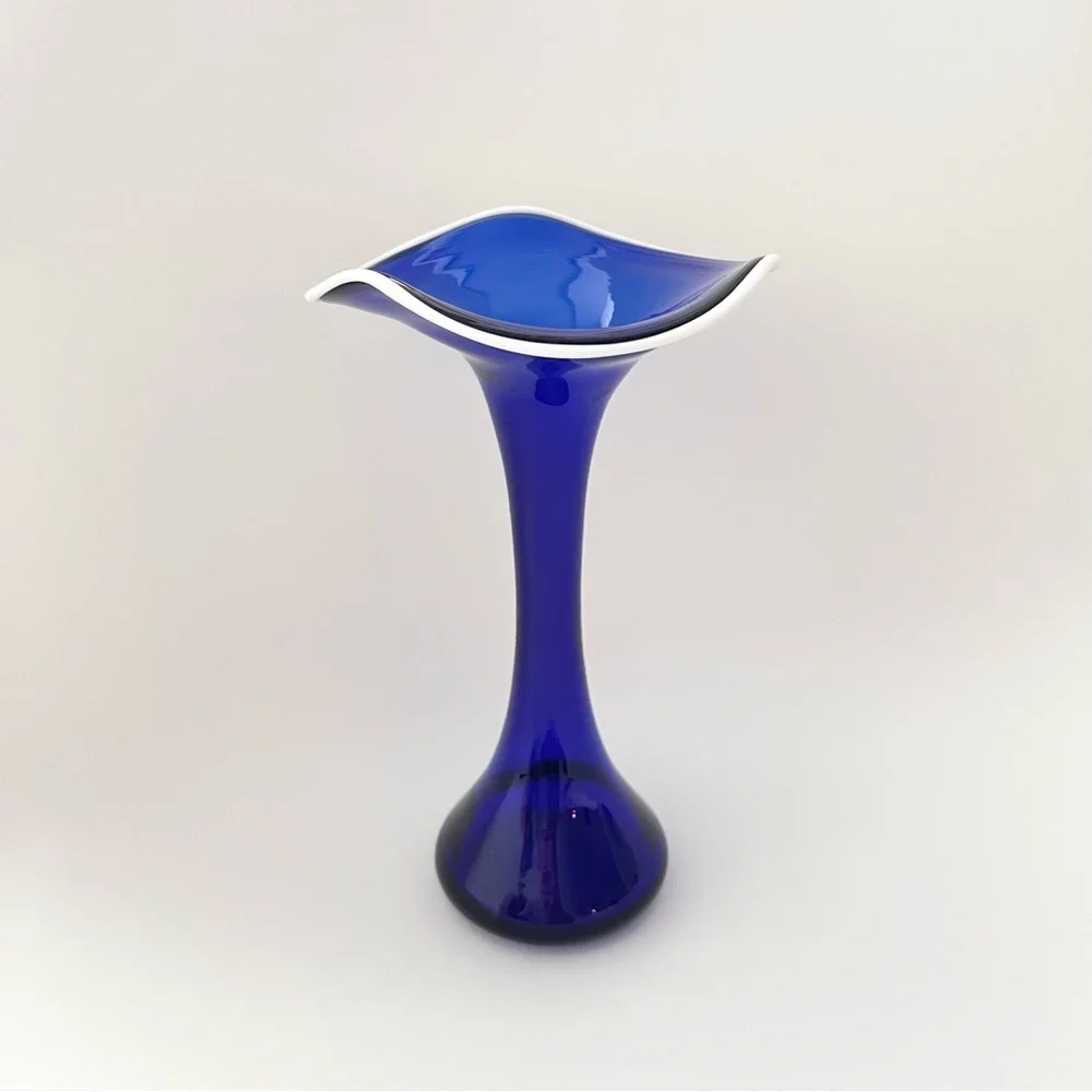 Vintage Cobalt Blue Murano Glass Vase Calla Lily Shaped White Rim Retro 9 inches