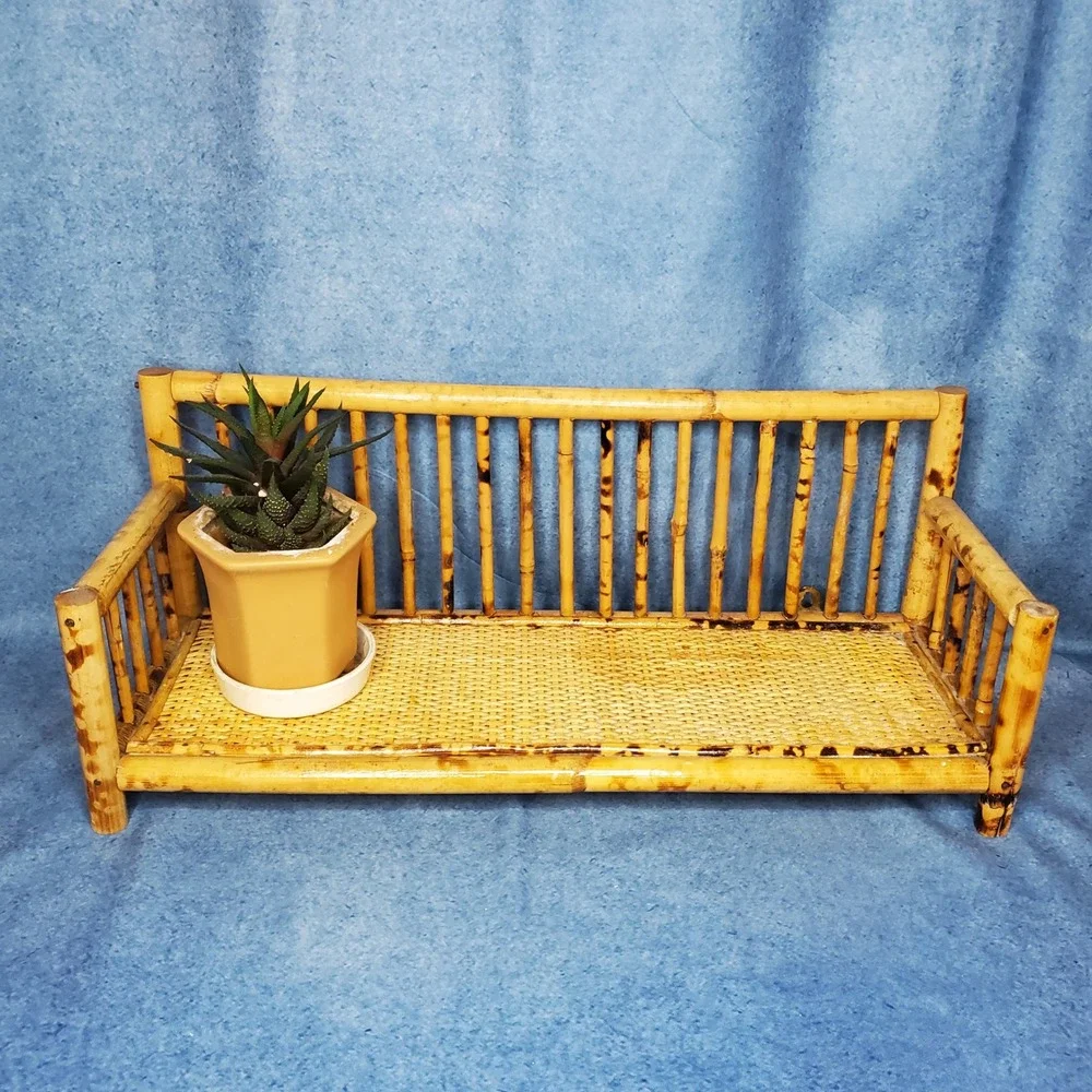 Vintage Tortoise Rattan Bamboo Bench Shelf Wall Hanging Display Rustic‎ Boho