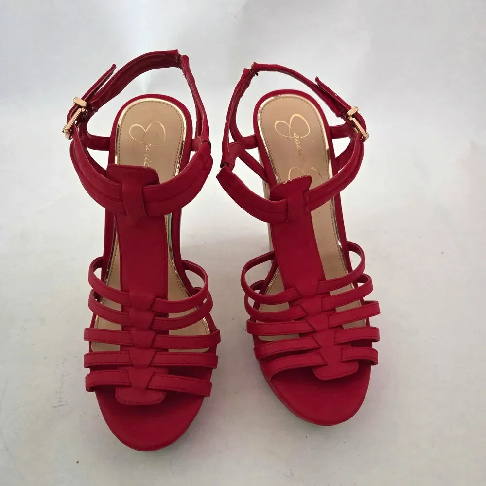 Jessica Simpson Brinlee Red Strappy Tall Cork Wedge Sandals Baddie Summer Sz 7.5
