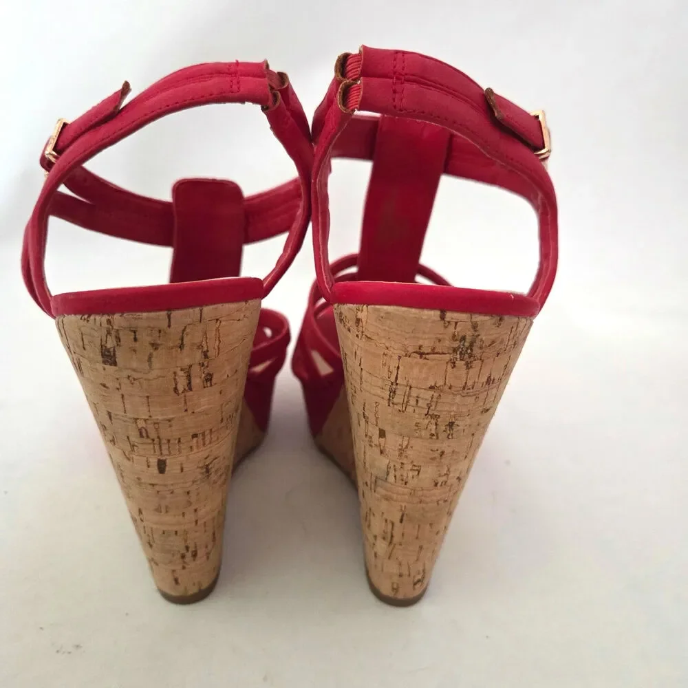 Jessica Simpson Brinlee Red Strappy Tall Cork Wedge Sandals Baddie Summer Sz 7.5