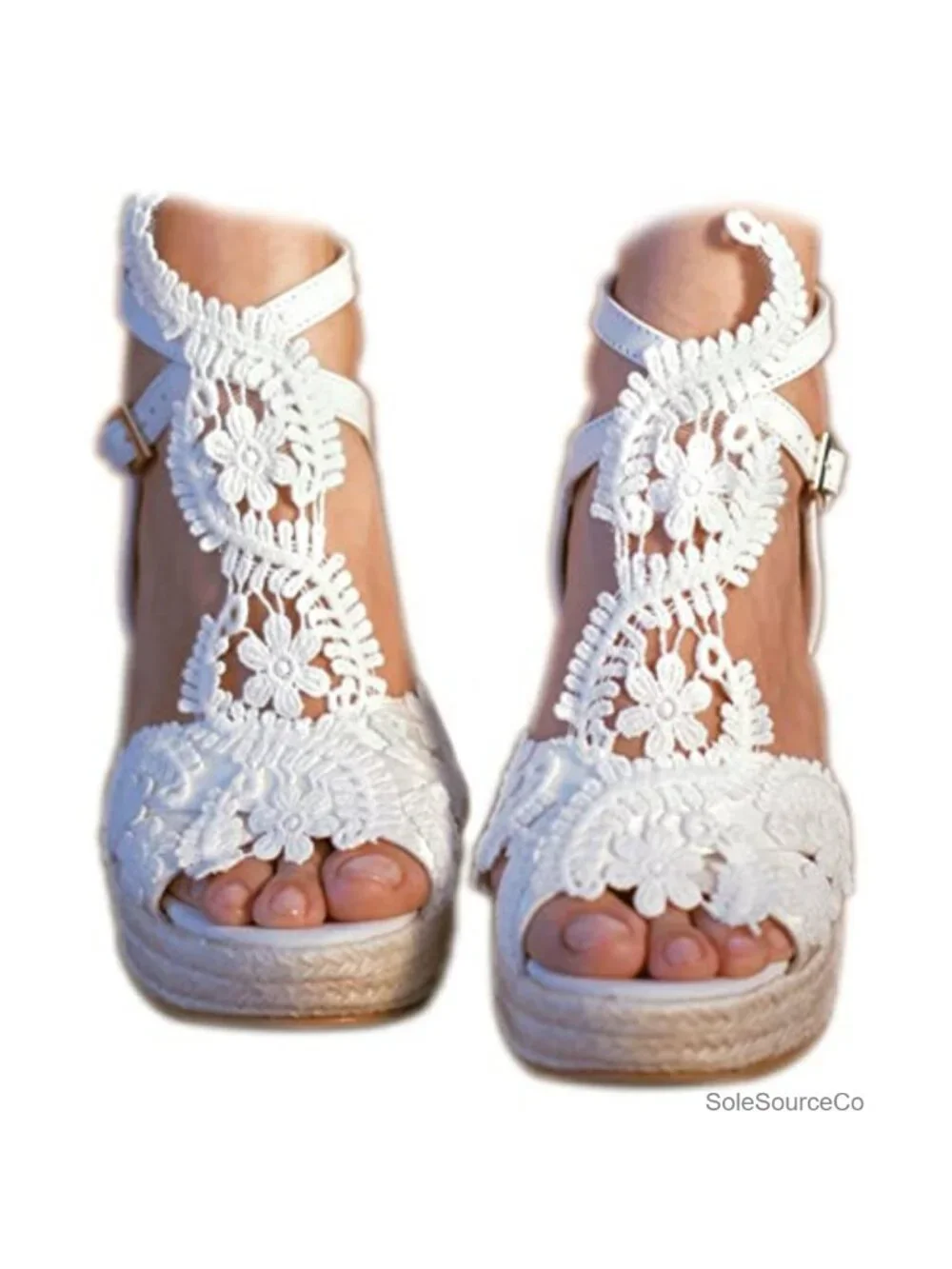 Lace PU Leather Wedge Sandals Open Toe Ankle Strap 4.3