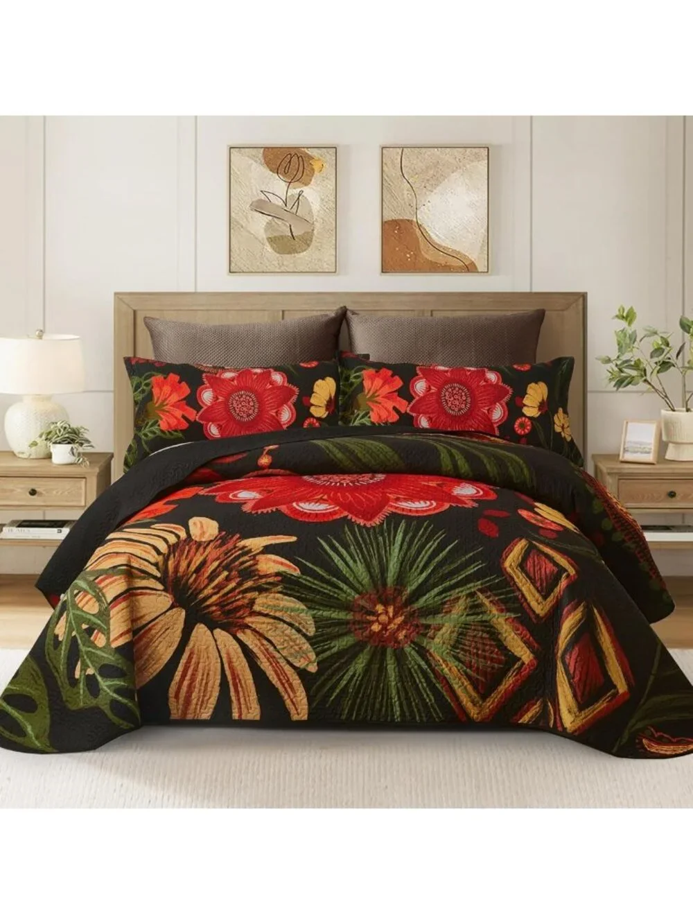 Colorful Floral Black Quilt Set | Reversible Lightweight Bedding, 2 Shams