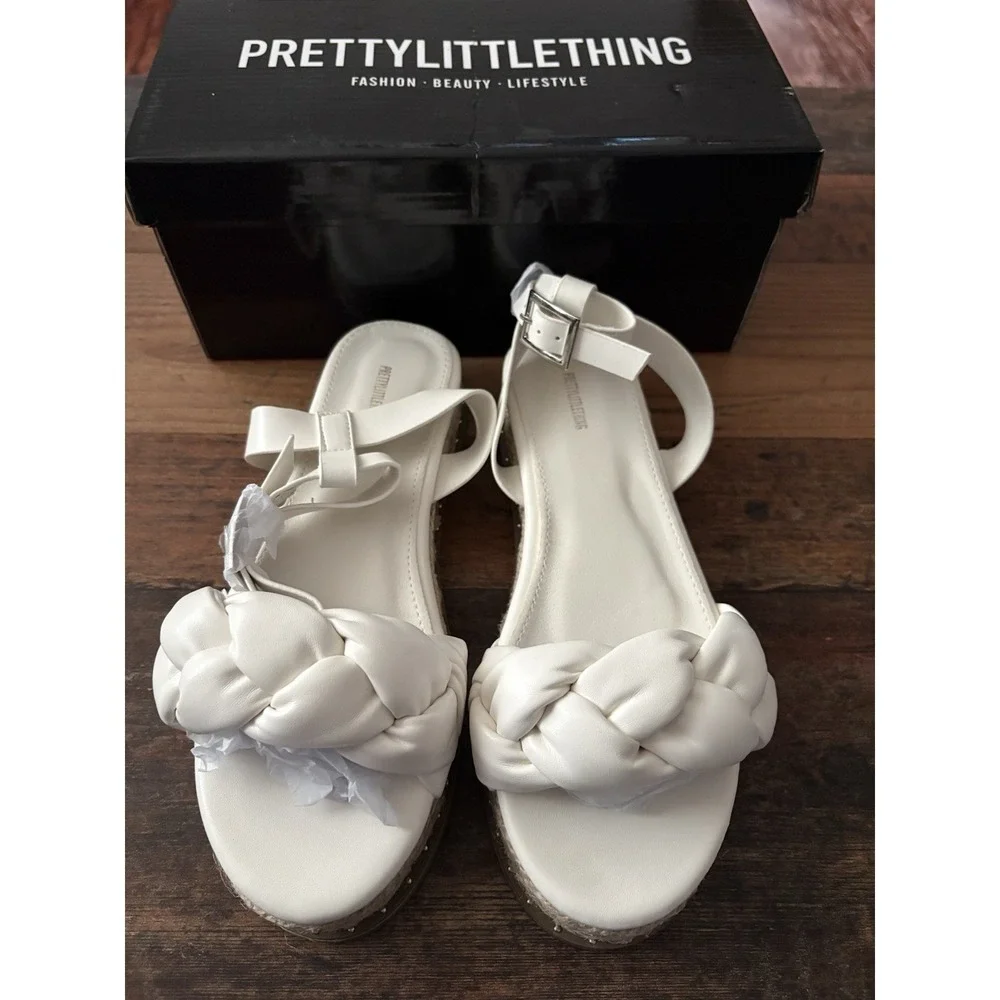 PrettyLittleThing White PU Plait Detail Strappy Espadrille Sandals Size 6 NEW