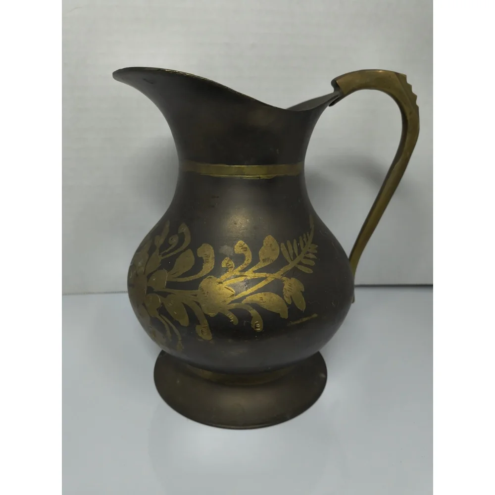 Vintage Two‎ Tone Brass Pitcher Ewer Etched Flower Floral Design Notched Handle